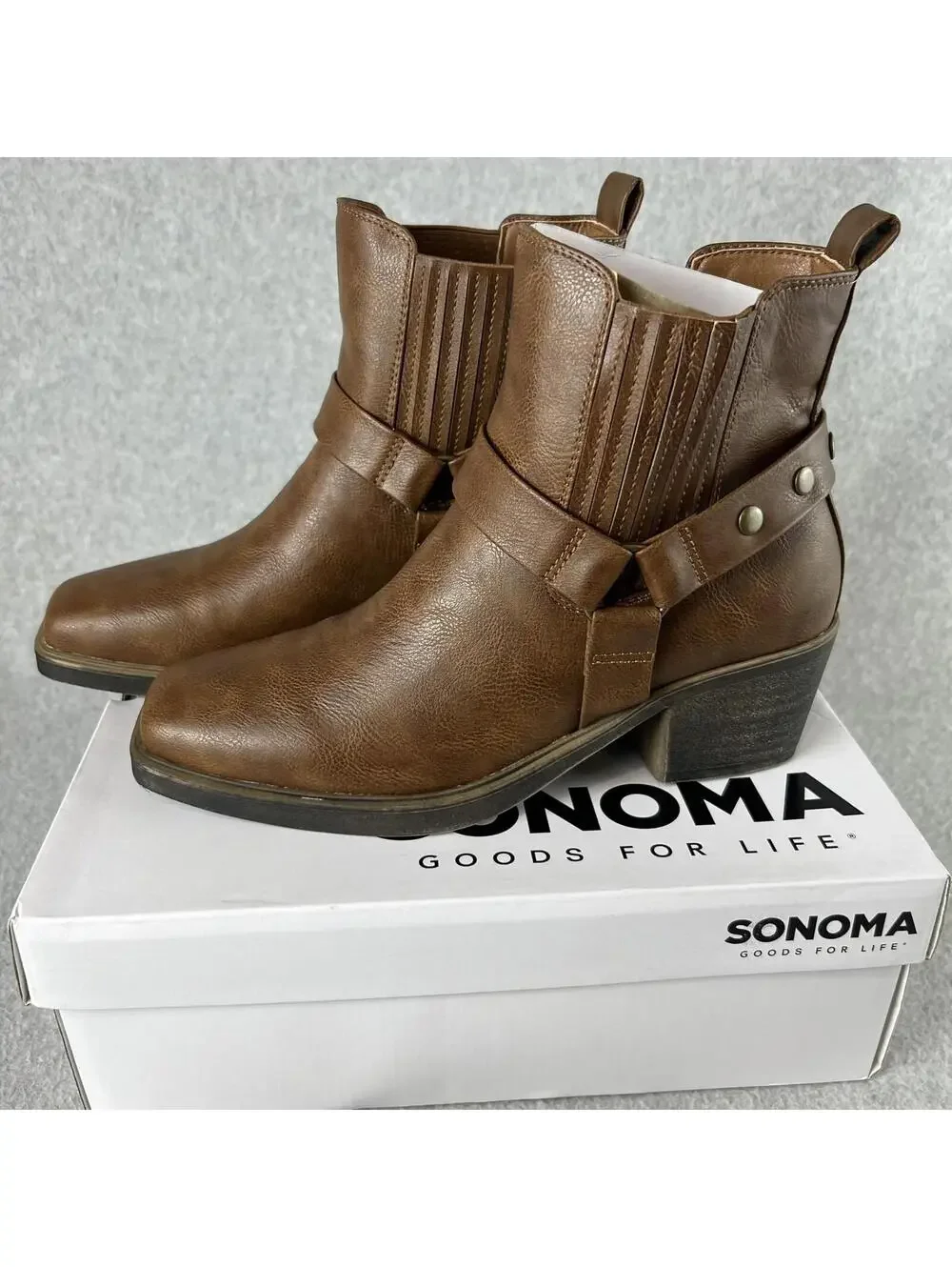 Sonoma Western Ankle Boots Womens Size 6.5 Block Heel Brown Faux Leather New
